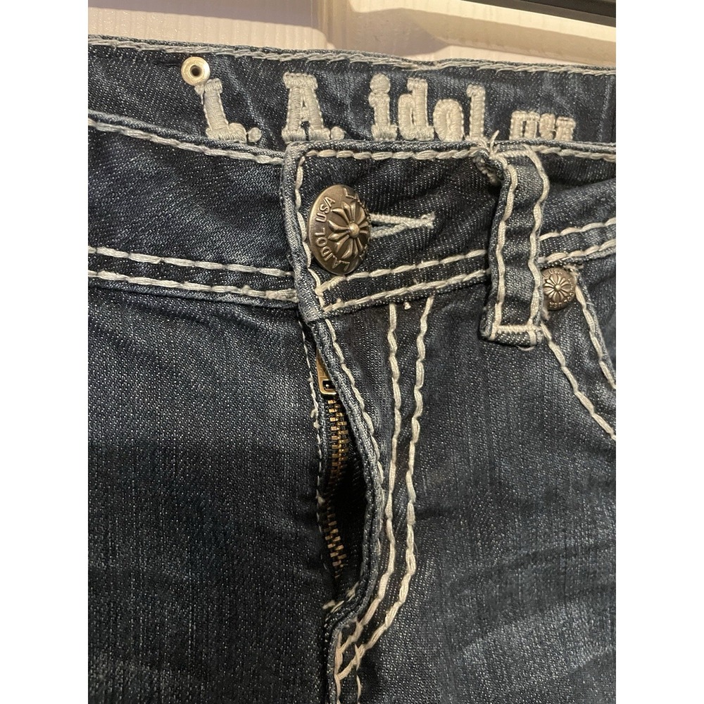 LA Idol USA Women's Size 9 Dark Wash Capri Jeans Thick Stitch Embroidered Pocket - Picture 7 of 9
